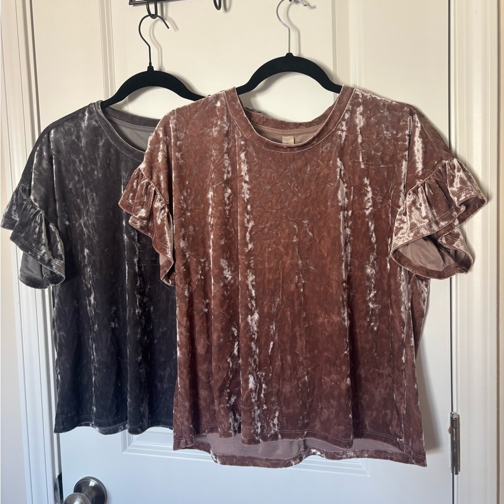 EUC Altar’d State Crushed Velvet Ruffle Sleeve Grey and Mauve Shirt Bundle